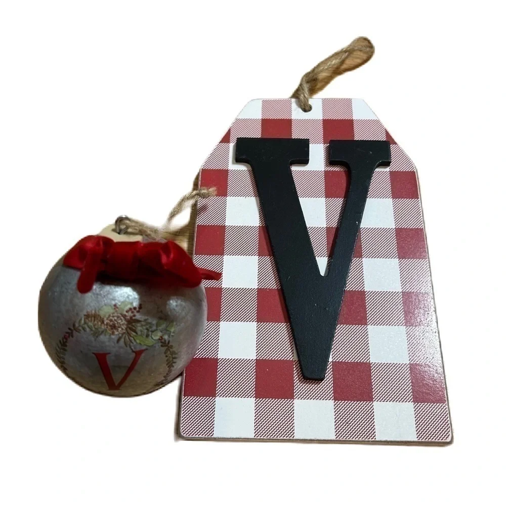 V Christmas Ornament Wall Hanging Bundle NEW Ball Red White Plaid Home Decor